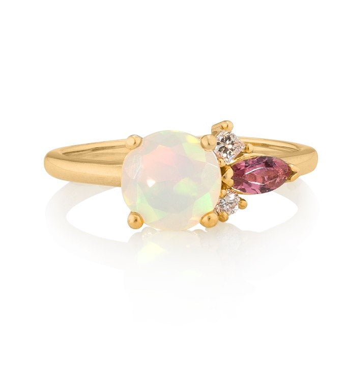 OPAL DIAMOND AND PINK TOURMALINE ASYMMETRICAL RING